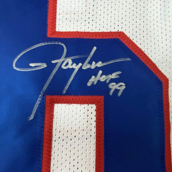 Framed Autographed/Signed Lawrence Taylor HOF 99 33x42 New York White Football Jersey JSA COA