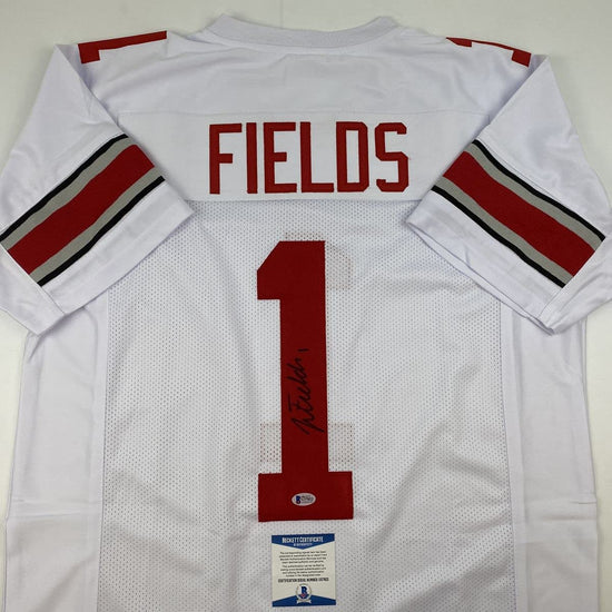 Autographed/Signed Justin Fields Ohio State White College Football Jersey Beckett BAS COA