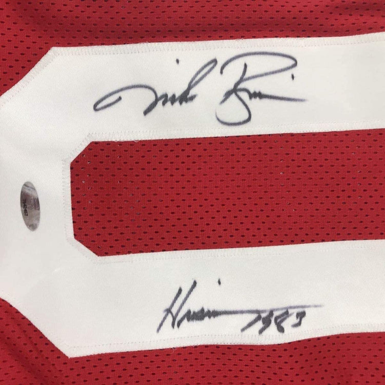 Framed Autographed/Signed Mike Rozier 33x42 Heisman 1983 Nebraska Red College Football Jersey Tristar COA Holo