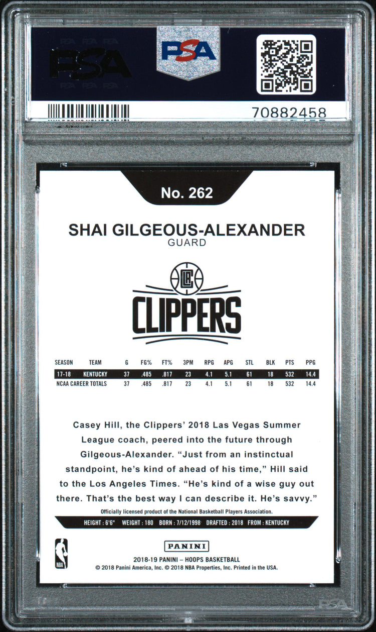 Graded 2018 Panini Hoops Shai Gilgeous-Alexander #262 Rookie RC Basketball Card PSA 10 Gem Mint