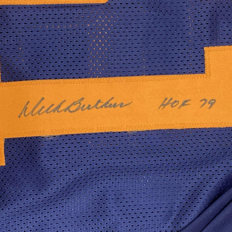 Framed Autographed/Signed Dick Butkus HOF 79 33x42 Chicago Retro Blue Football Jersey JSA COA