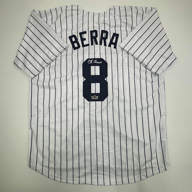 Facsimile Autographed Yogi Berra New York Pinstripe Reprint Laser Auto Baseball Jersey Size Men's XL