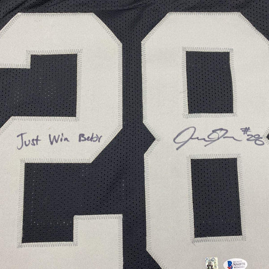 Framed Autographed/Signed Josh Jacobs Just Win Baby 33x42 Las Vegas Oakland Black Football Jersey Beckett BAS COA