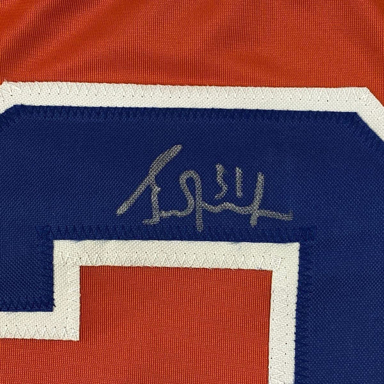 Framed Autographed/Signed Grant Fuhr 33x42 Edmonton Orange Hockey Jersey JSA COA