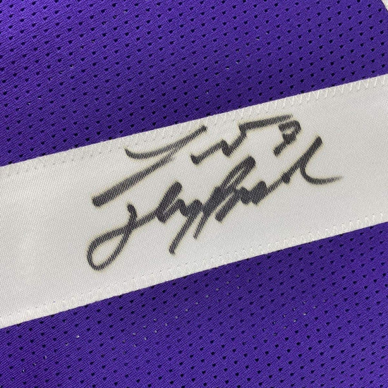 Framed Autographed/Signed Tyrann Mathieu Inscribed Honey Badger 33x42 LSU Purple College Football Jersey PSA/DNA COA
