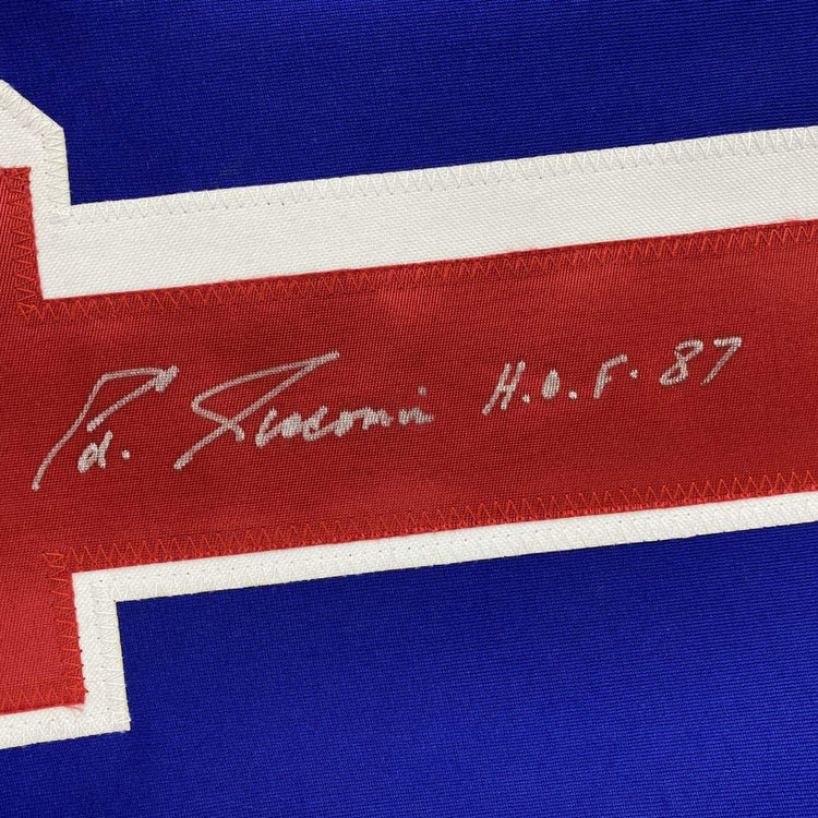 Autographed/Signed Eddie Giacomin HOF 87 New York Blue Hockey Jersey JSA COA
