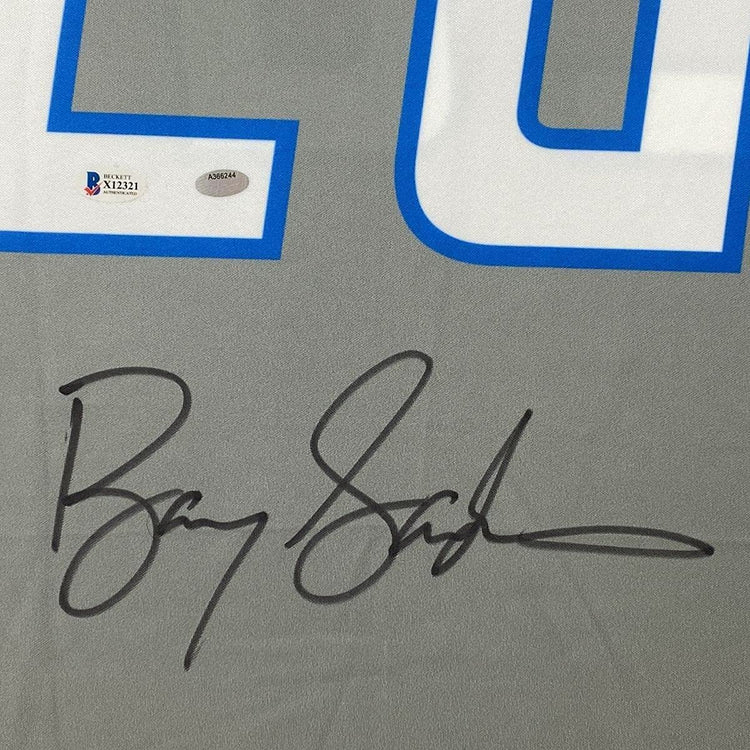Framed Autographed/Signed Barry Sanders 33x42 Detroit Lions Grey Football Jersey Beckett BAS COA