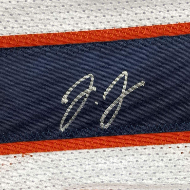 Framed Autographed/Signed Jerry Jeudy 33x42 Denver White Football Jersey JSA COA