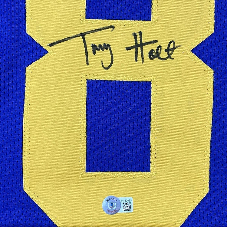 Framed Autographed/Signed Torry Holt 33x42 St. Louis Retro Blue Football Jersey Beckett BAS COA