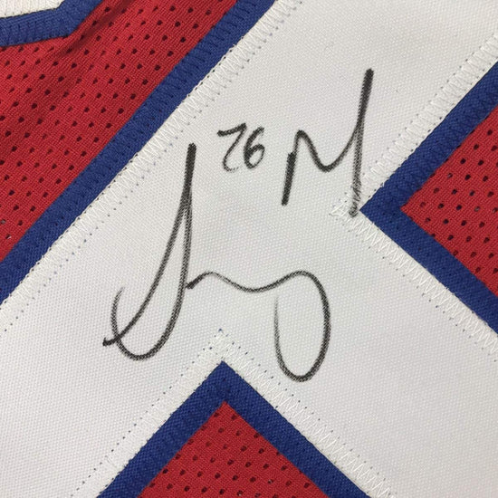 Framed Autographed/Signed Sony Michel 33x42 New England Red Football Jersey JSA COA