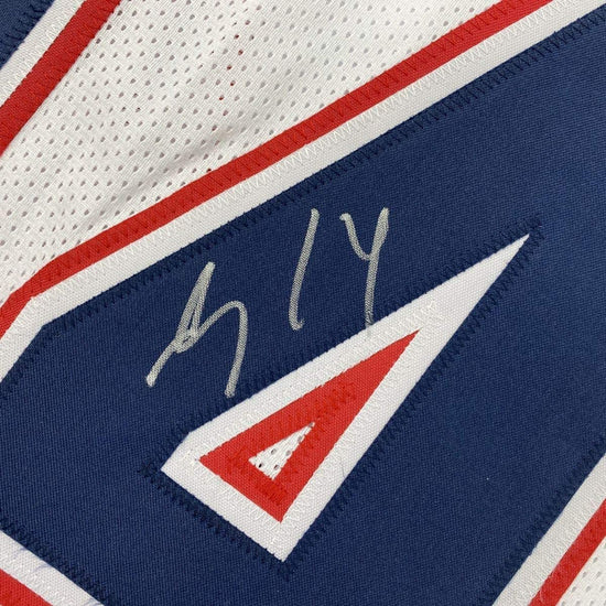 Framed Autographed/Signed Mohamed Sanu 33x42 New England White Football Jersey JSA COA