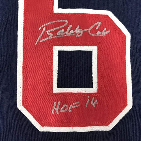 Framed Autographed/Signed Bobby Cox HOF 14 33x42 Atlanta Blue Baseball Jersey JSA COA
