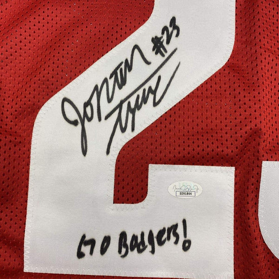 Autographed/Signed Jonathan Taylor Inscribed Wisconsin Red College Football Jersey JSA COA