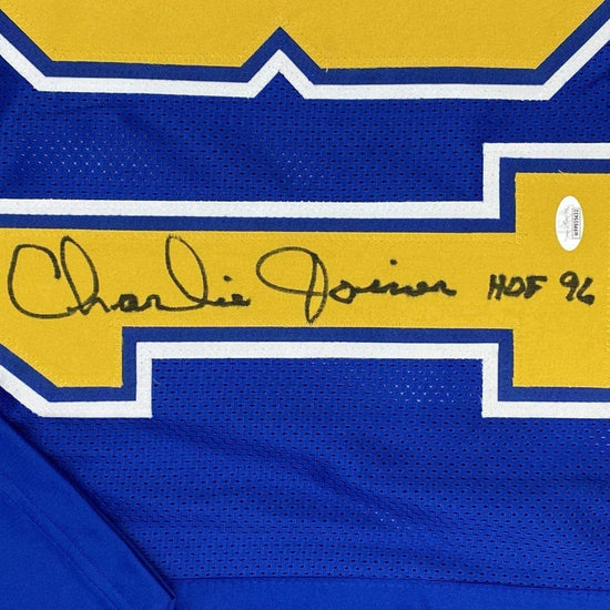 Framed Autographed/Signed Charlie Joiner HOF 96 33x42 San Diego Royal Blue/Yellow Football Jersey JSA COA