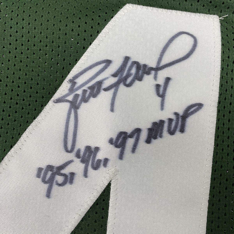 Framed Autographed/Signed Brett Favre 95 96 97 MVP 33x42 Green Bay Green Football Jersey PSA/DNA COA