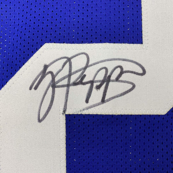 Framed Autographed/Signed Jabrill Peppers 33x42 New York Blue Football Jersey JSA COA