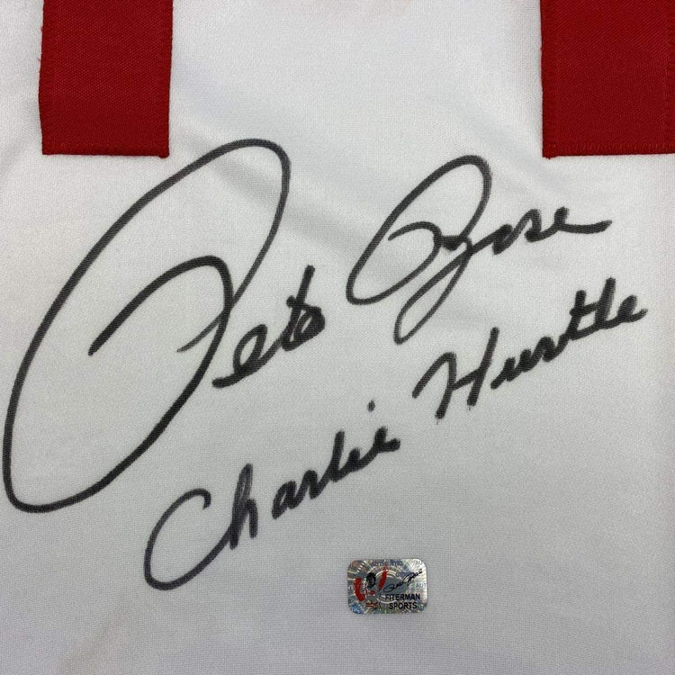 Framed Autographed/Signed Pete Rose Inscribed Charlie Hustle 33x42 Cincinnati White Baseball Jersey Athlete Hologram COA #1