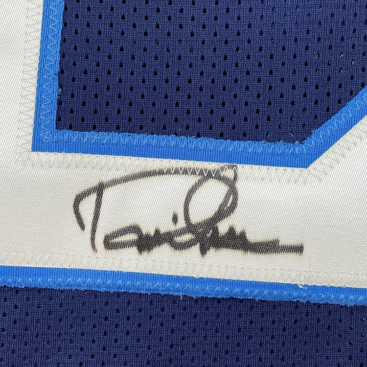 Framed Autographed/Signed Derrick Henry 33x42 Tennessee Dark Blue Football Jersey Beckett BAS COA