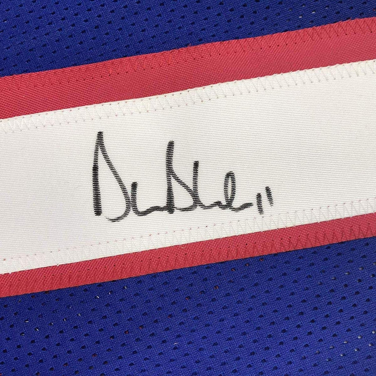 Framed Autographed/Signed Drew Bledsoe 33x42 New England Patriots Blue Football Jersey Beckett BAS COA