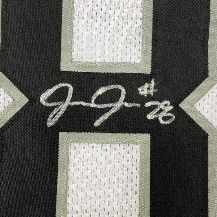 Framed Autographed/Signed Josh Jacobs 33x42 Las Vegas Oakland White Football Jersey Beckett BAS COA