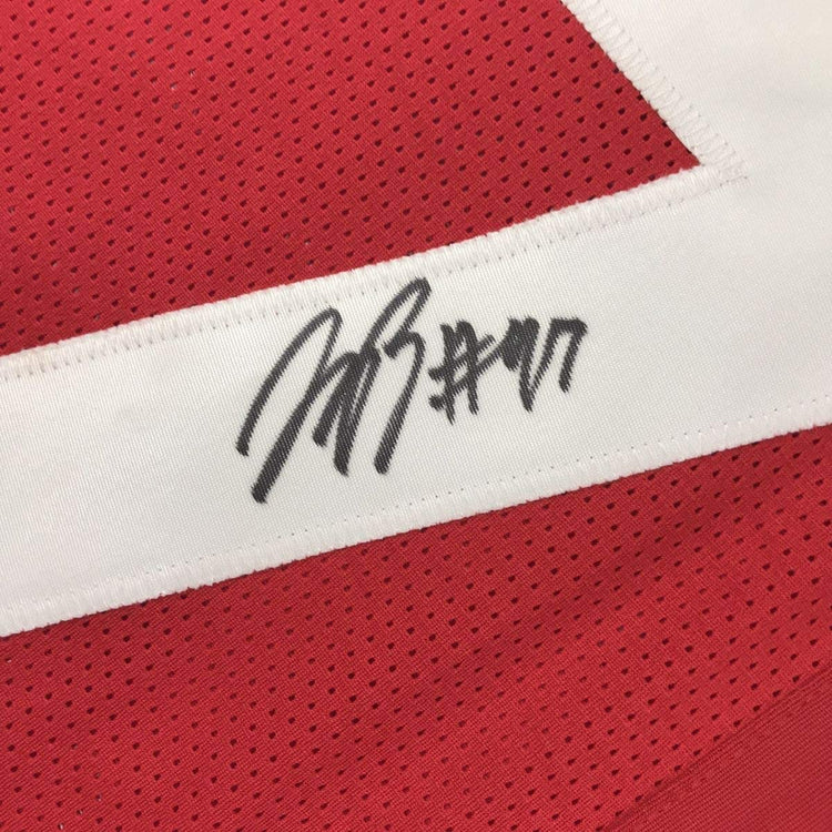 Framed Autographed/Signed Joey Bosa 33x42 Ohio State Red College Football Jersey JSA COA