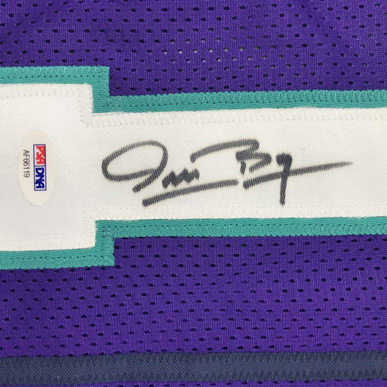 Framed Autographed/Signed Muggsy Bogues 33x42 Charlotte Purple Basketball Jersey PSA/DNA COA