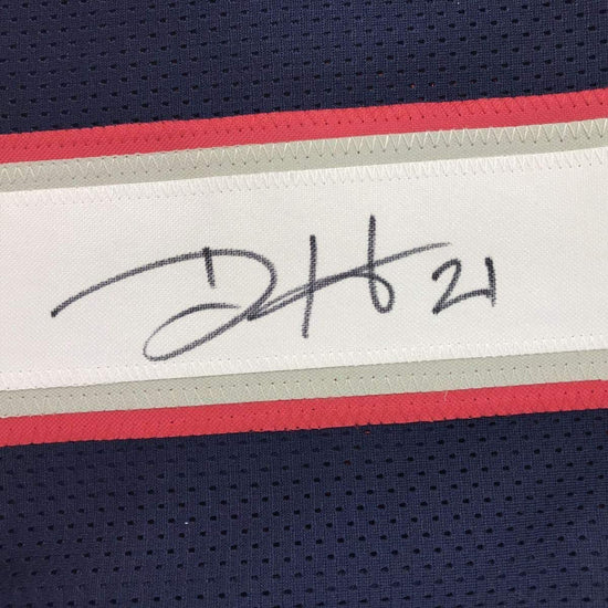 Framed Autographed/Signed Duron Harmon 33x42 New England Blue Football Jersey JSA COA