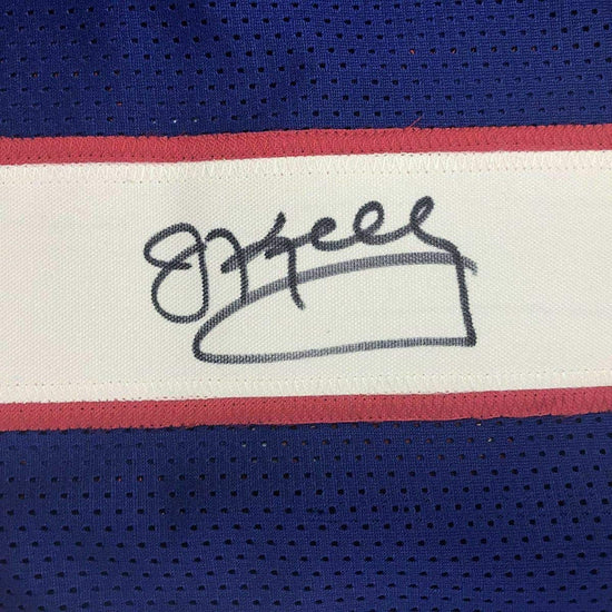Autographed/Signed Jim Kelly Buffalo Blue Stat Football Jersey JSA COA
