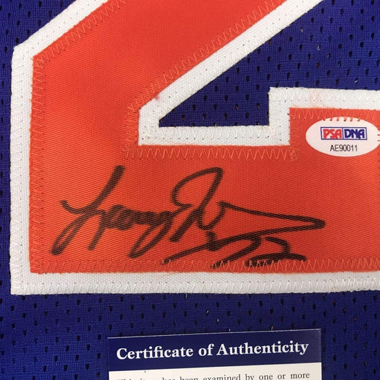 Framed Autographed/Signed Larry Johnson 33x42 New York Blue Basketball Jersey PSA/DNA COA