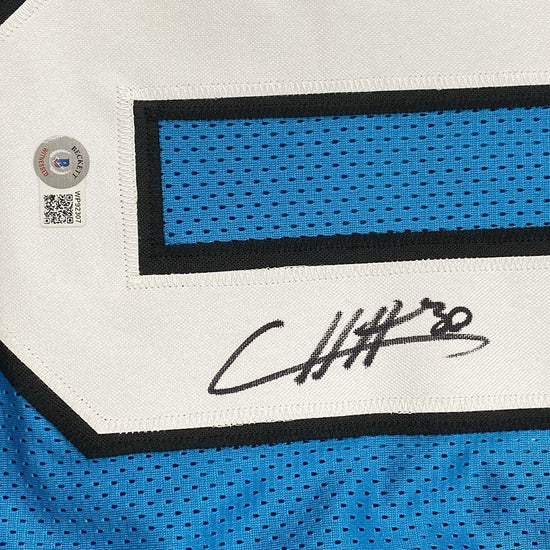 FRAMED Autographed/Signed Chuba Hubbard 33x42 Carolina Blue Football Jersey Beckett BAS COA