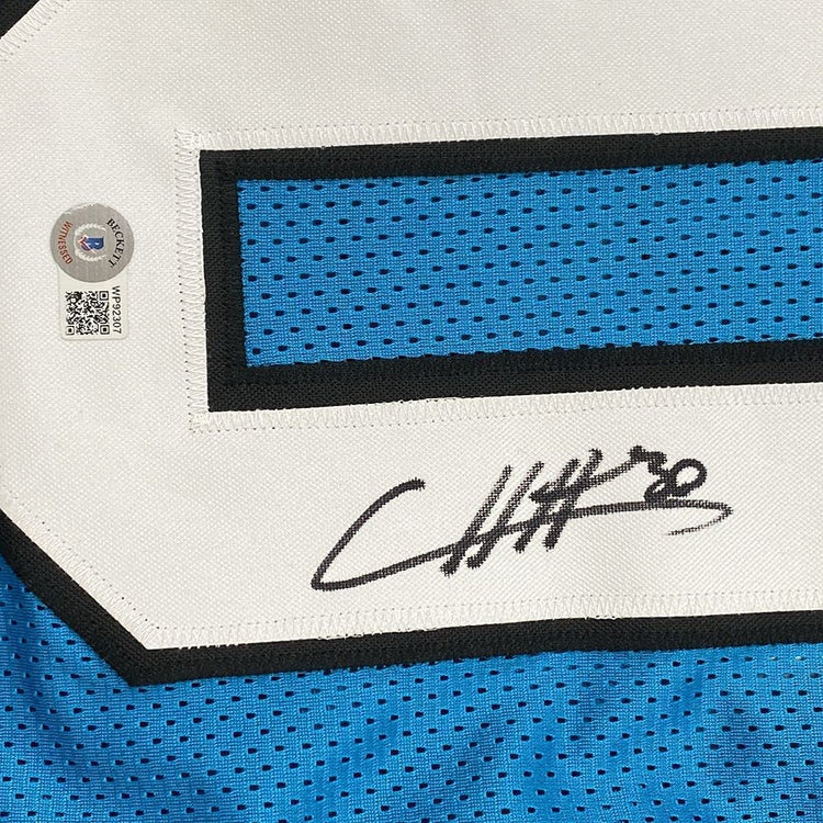 FRAMED Autographed/Signed Chuba Hubbard 33x42 Carolina Blue Football Jersey Beckett BAS COA