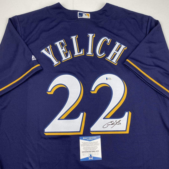 Autographed/Signed Christian Yelich Milwaukee Blue Baseball Jersey Beckett BAS COA