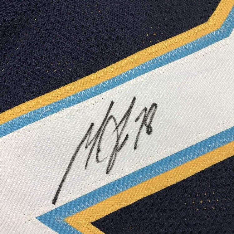Framed Autographed/Signed Melvin Gordon 33x42 Los Angeles LA Chargers Dark Blue Football Jersey Beckett BAS COA