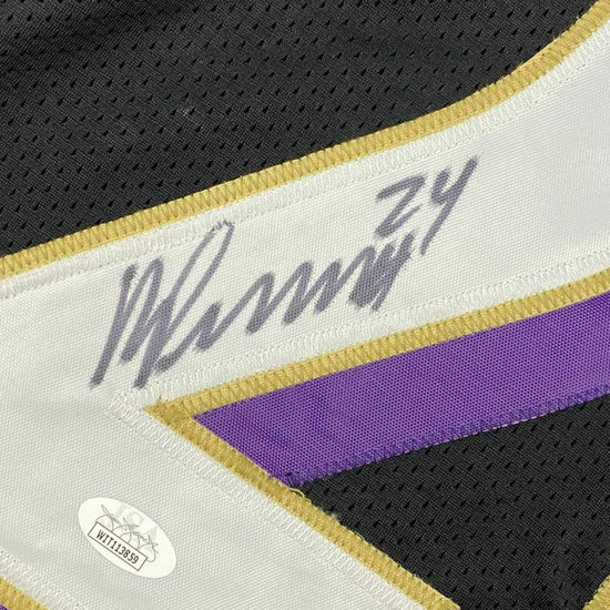 Framed Autographed/Signed Marcus Peters 33x42 Baltimore Black Football Jersey JSA COA