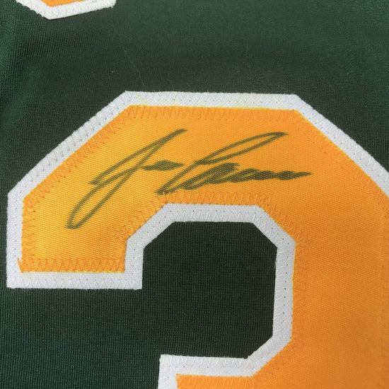 Autographed/Signed Jose Canseco Oakland Dark Green Baseball Jersey JSA COA