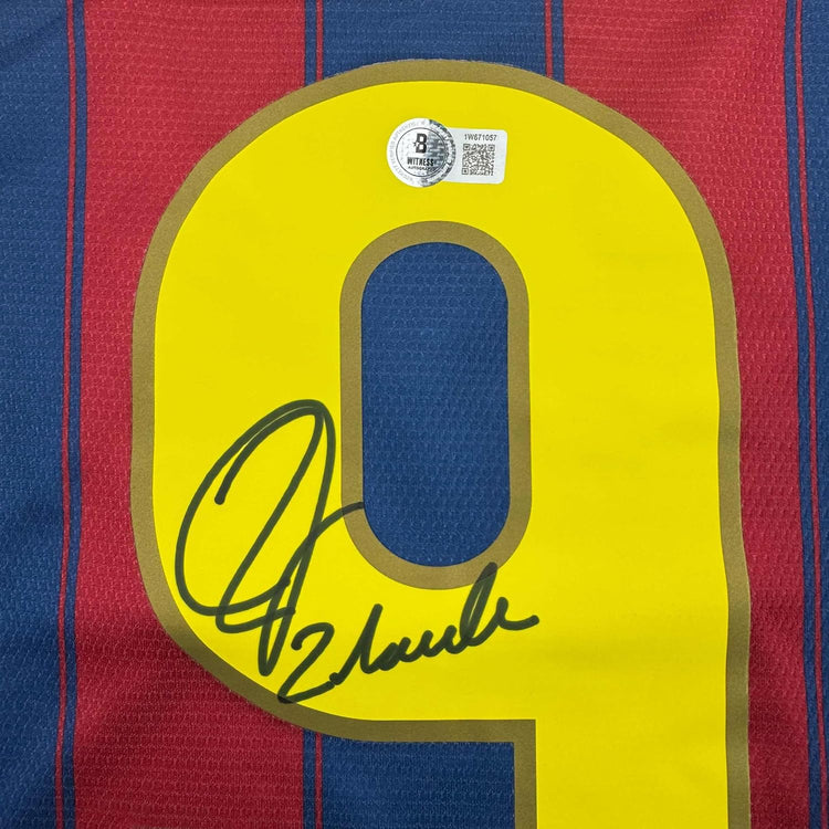Framed Autographed/Signed Zlatan Ibrahimovic 35x39 FC Barcelona Soccer Jersey Beckett BAS COA
