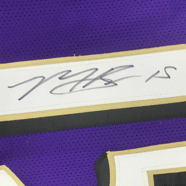Framed Autographed/Signed Marquise Brown 33x42 Baltimore Purple Football Jersey JSA COA
