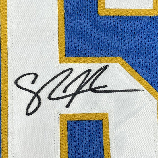 Framed Autographed/Signed Shawne Merriman 33x42 San Diego Powder Blue Football Jersey Beckett BAS COA