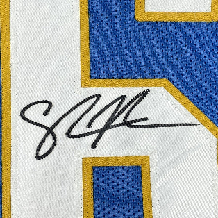 Framed Autographed/Signed Shawne Merriman 33x42 San Diego Powder Blue Football Jersey Beckett BAS COA