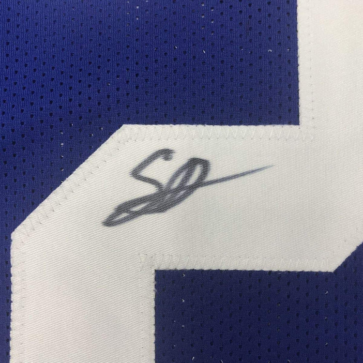 Framed Autographed/Signed Saquon Barkley 33x42 New York Blue Football Jersey JSA COA
