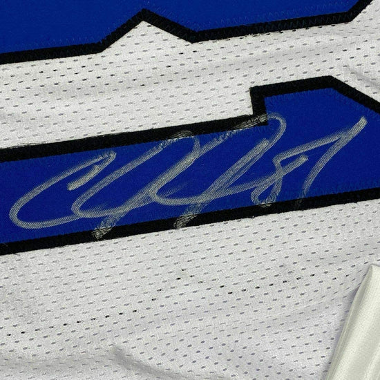 Framed Autographed/Signed Calvin Johnson 33x42 Detroit White Football Jersey JSA COA #2