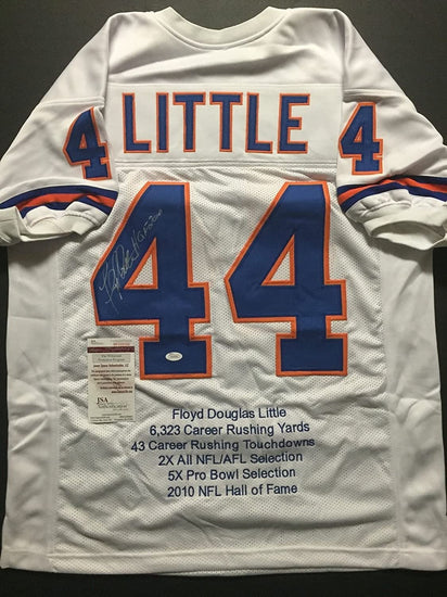 Autographed/Signed Floyd Little"HOF 10" Denver Broncos White Stat Football Jersey JSA COA