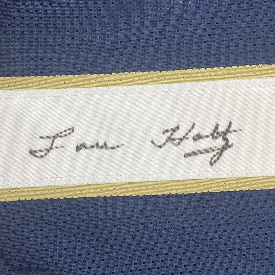 Framed Autographed/Signed Lou Holtz 33x42 Notre Dame Blue College Football Jersey JSA COA