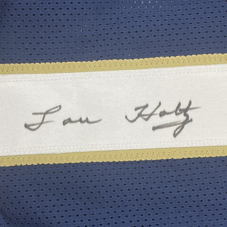 Framed Autographed/Signed Lou Holtz 33x42 Notre Dame Blue College Football Jersey JSA COA