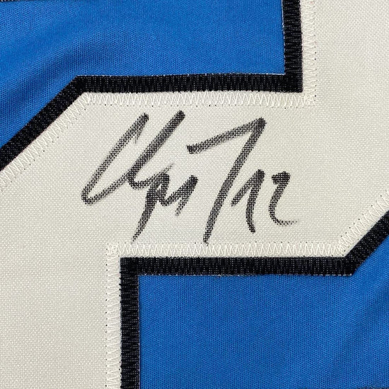 Framed Autographed/Signed Christian McCaffrey 33x42 Carolina Blue Football Jersey Beckett BAS COA