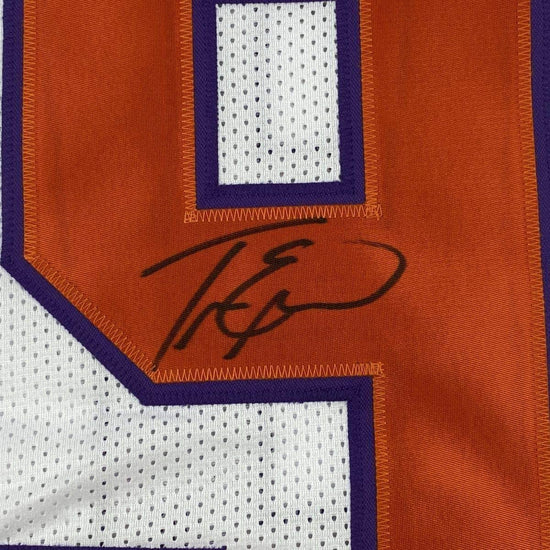 Framed Autographed/Signed Travis Etienne Jr. 33x42 Clemson White College Football Jersey Beckett BAS COA