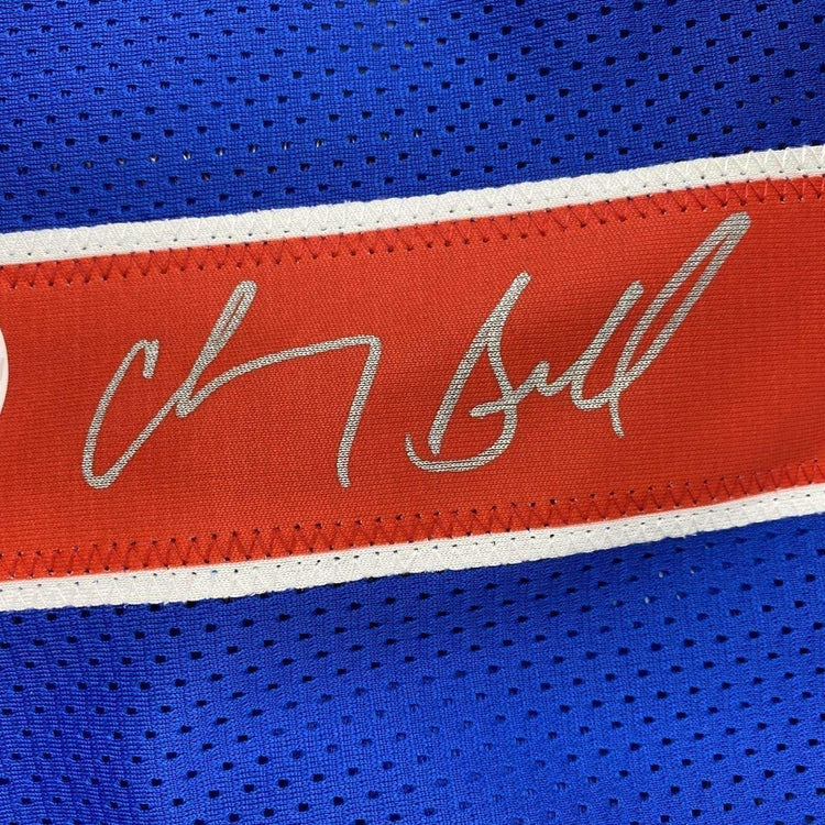 Framed Autographed/Signed Chauncey Billups 33x42 Detroit Blue Basketball Jersey JSA COA
