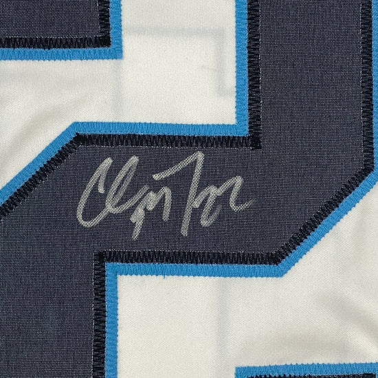 Framed Autographed/Signed Christian McCaffrey 33x42 Carolina White Football Jersey Beckett BAS COA