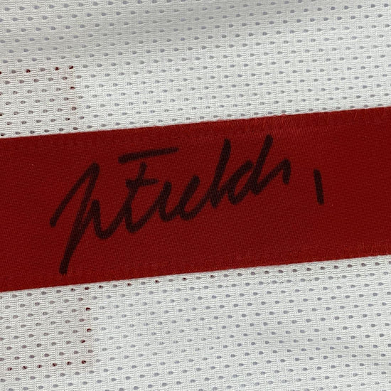 Autographed/Signed Justin Fields Ohio State White College Football Jersey Beckett BAS COA