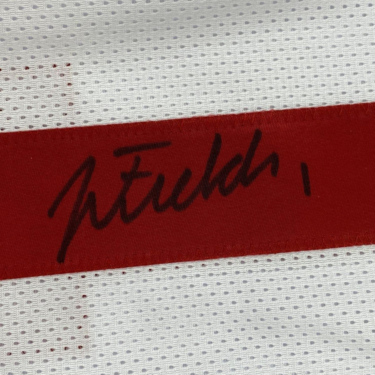 Autographed/Signed Justin Fields Ohio State White College Football Jersey Beckett BAS COA